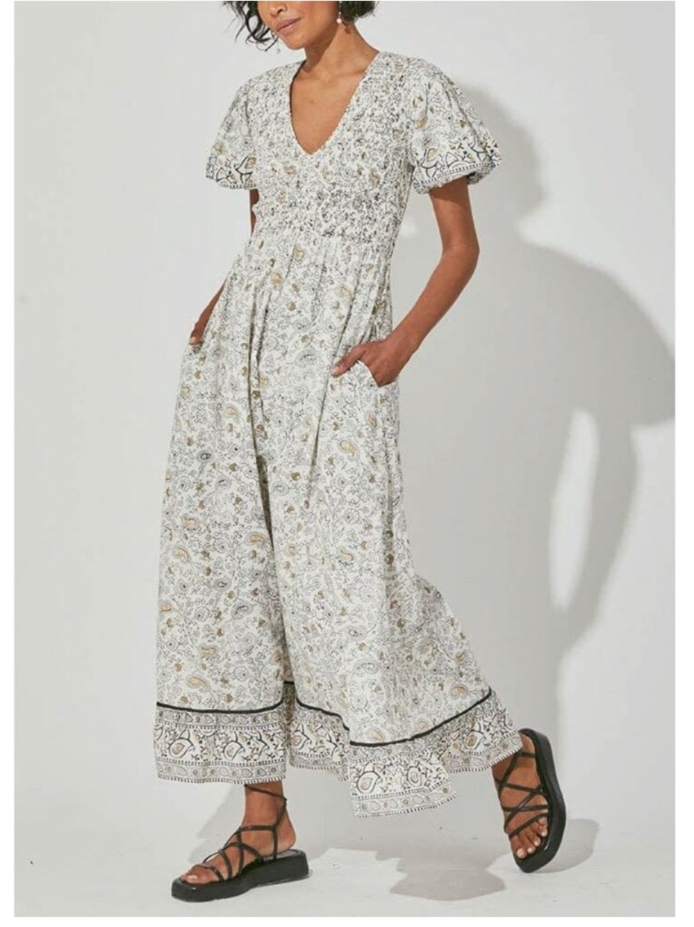 Cleobella Harmoni Paisley Maxi Dress White Black Cotton Smocked M